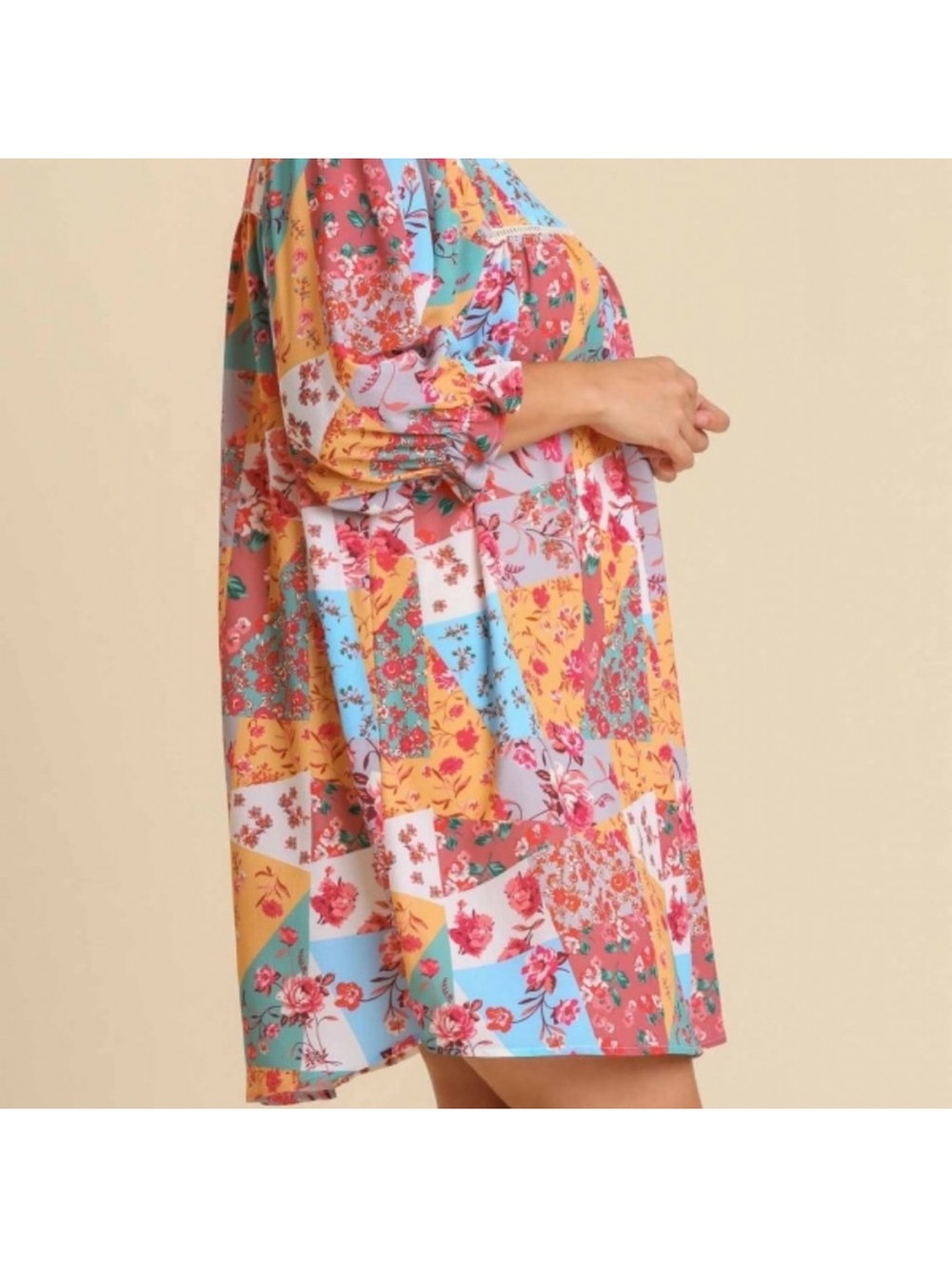 Umgee Floral Patchwork Long Sleeve Shift Dress cottagecore romantic festival - Picture 12 of 14